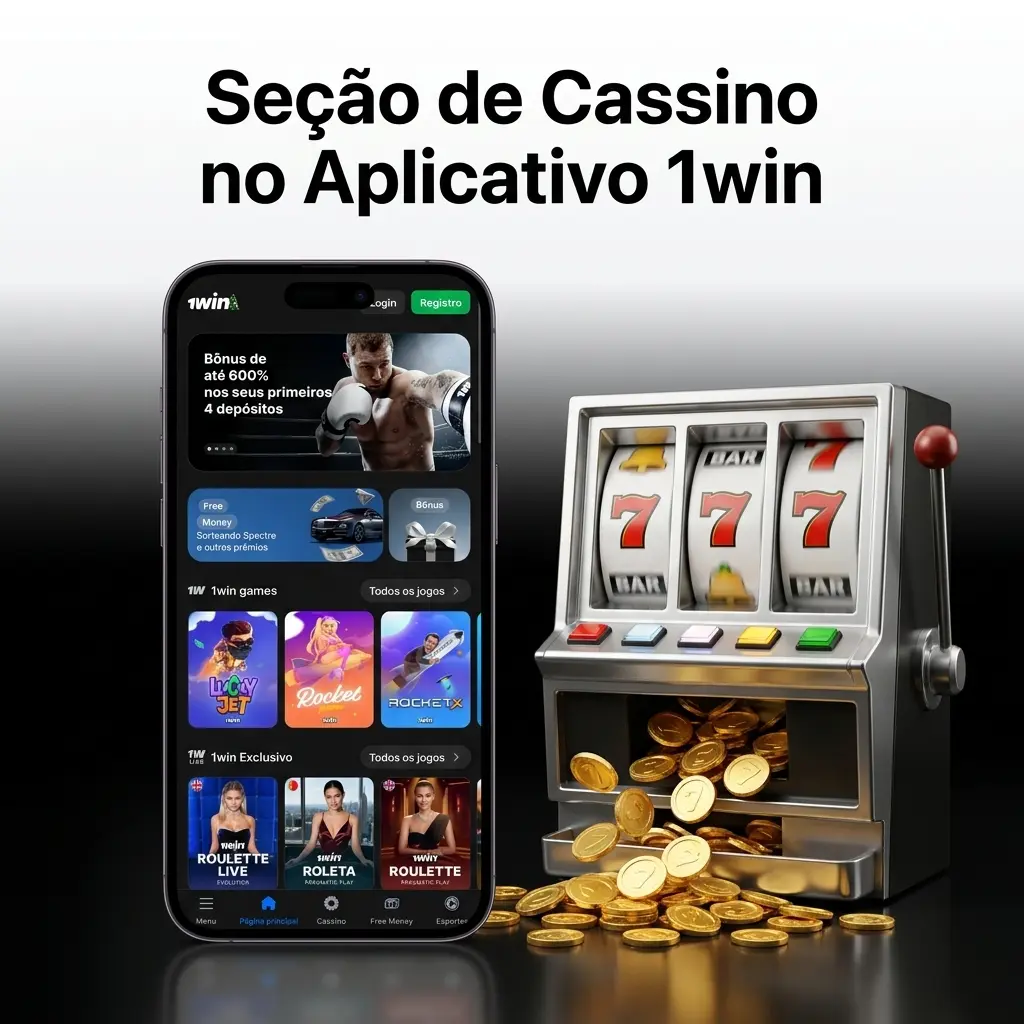 Seção de cassino do app 1win com slots, ao vivo, crash games e mais categorias disponíveis no Brasil